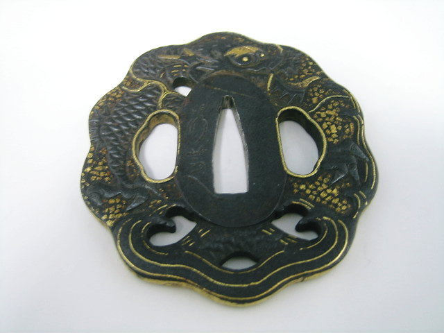 古美術・江戸時代・若芝作・龍紋鍔 茶道具・古道具・古美術・韓国