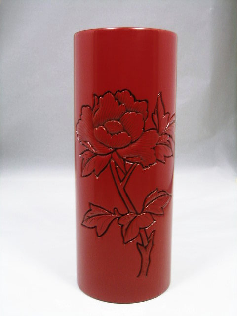 工芸品・漆器・村上木彫り堆朱・堆朱・花瓶・堆朱牡丹紋円筒花瓶・高橋