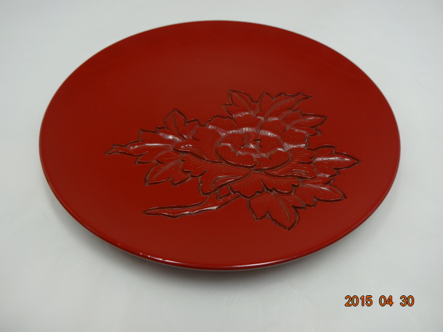 古道具・村上木彫堆朱・漆器・菓子器・堆朱六寸牡丹紋菓子皿・高橋連峰