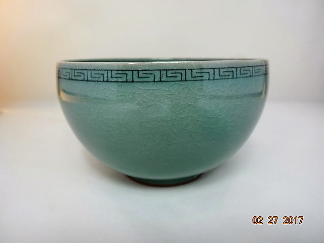 茶道具 韓国陶磁器 青磁象嵌唐児紋茶碗 松月窯 金鍾浩作 茶道具