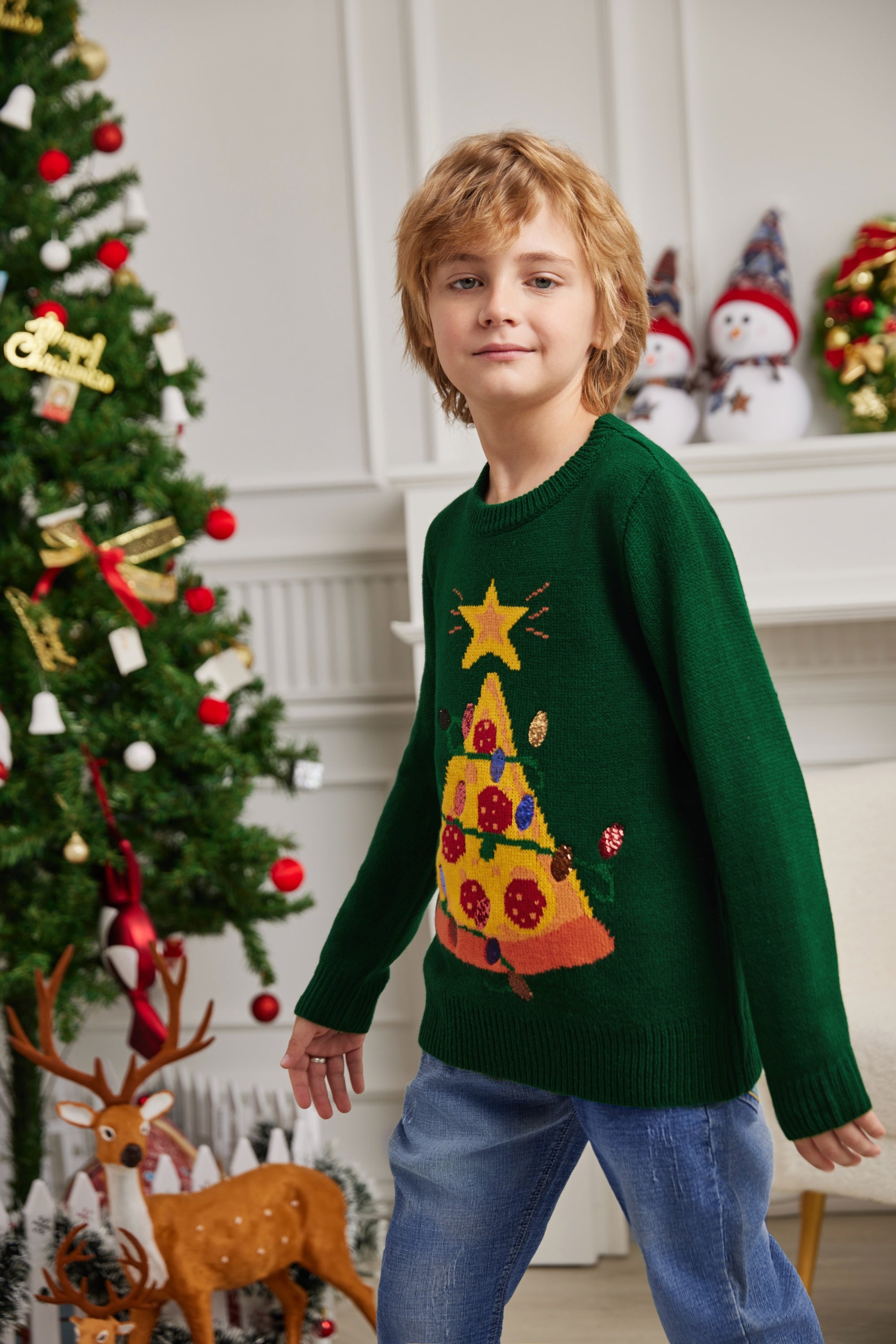 LUBOT 2024 Christmas Sweater for Children Green Pizza-Gexworldwide
