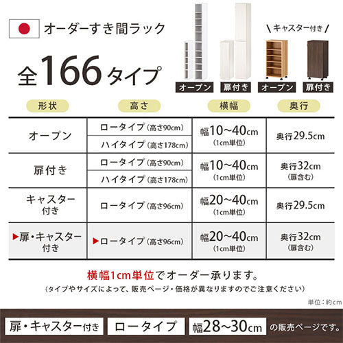 オーダーすき間ラック ロータイプ 扉 キャスター付き 幅28～30cm 扉