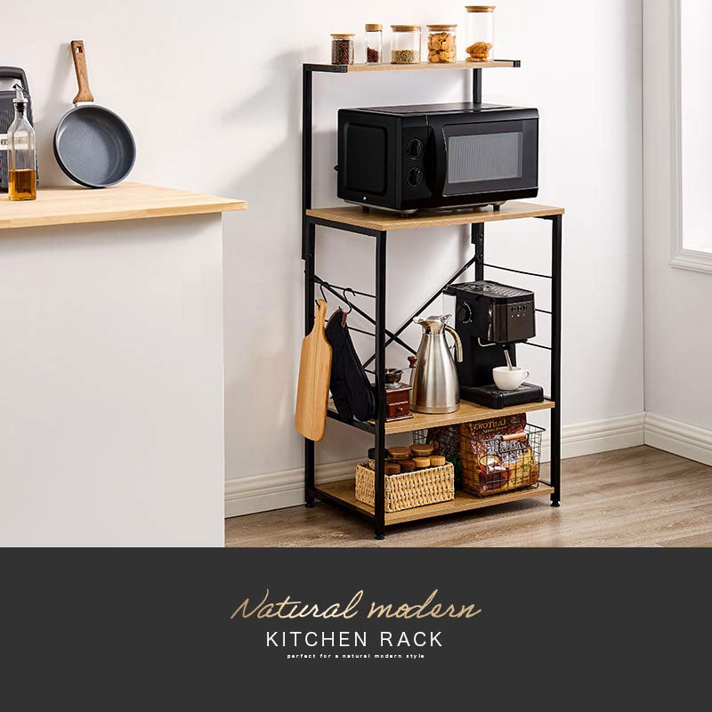 キッチンラック 3段＋上棚付き 木製×スチール キッチン収納 レンジ台