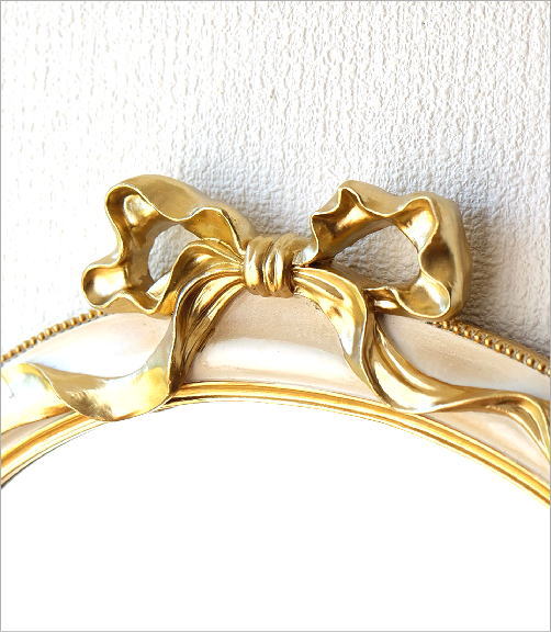 鏡 壁掛けミラー おしゃれ 壁掛け リボン オーバル 楕円 アンティーク