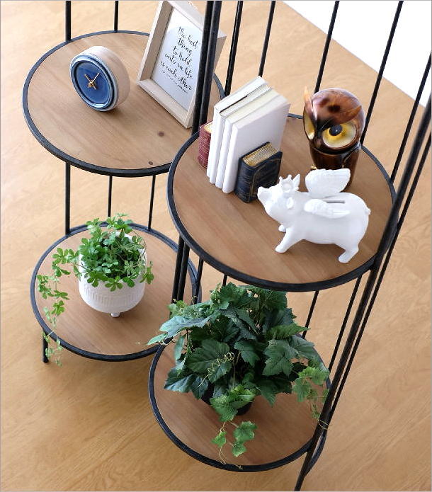 オープンシェルフ 3段 アイアン 木製 円形 円柱 折りたたみ 間仕切り