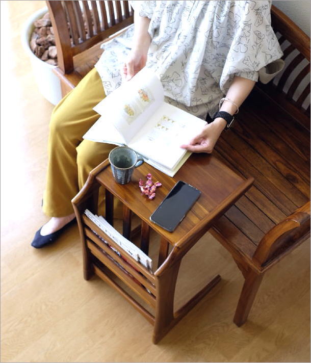 サイドテーブル マガジンラック付き チーク ナチュラル 木製 天然木 コ