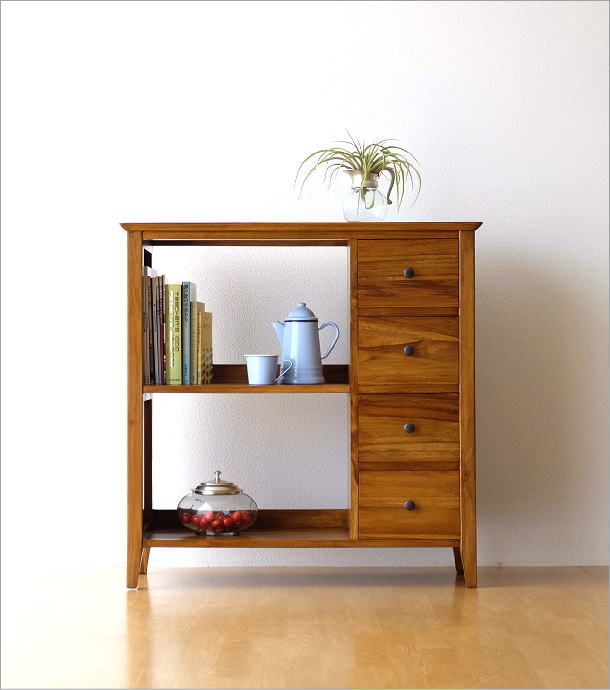 リビングシェルフ 引き出し収納 チーク 無垢材 チークラックチェスト