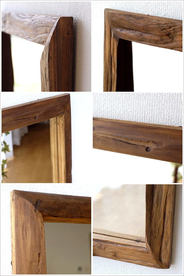 壁掛けミラー おしゃれ チーク 木製 古木 天然木 ウォールミラー