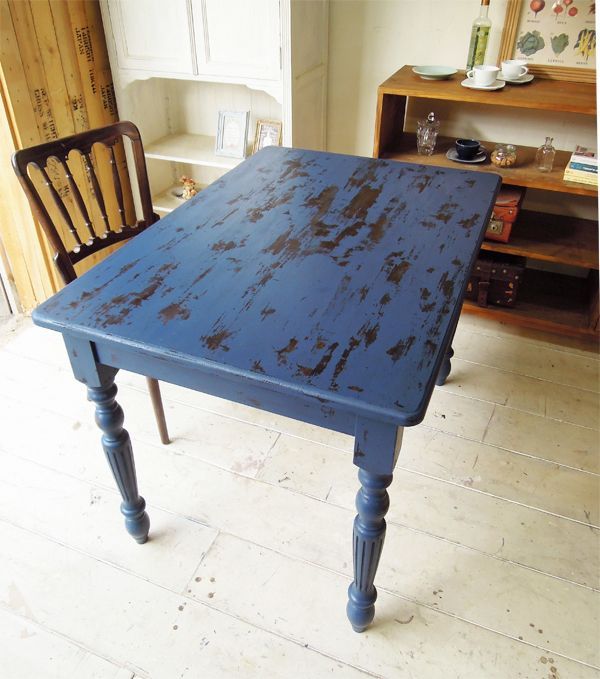 ブルーペイントアンティークダイニングテーブル、サイズオーダー可大阪