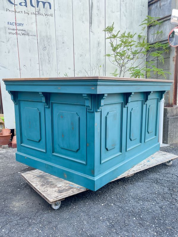 店舗向けアンティーク調L字型カウンターの専門店W1600エイジングブルー