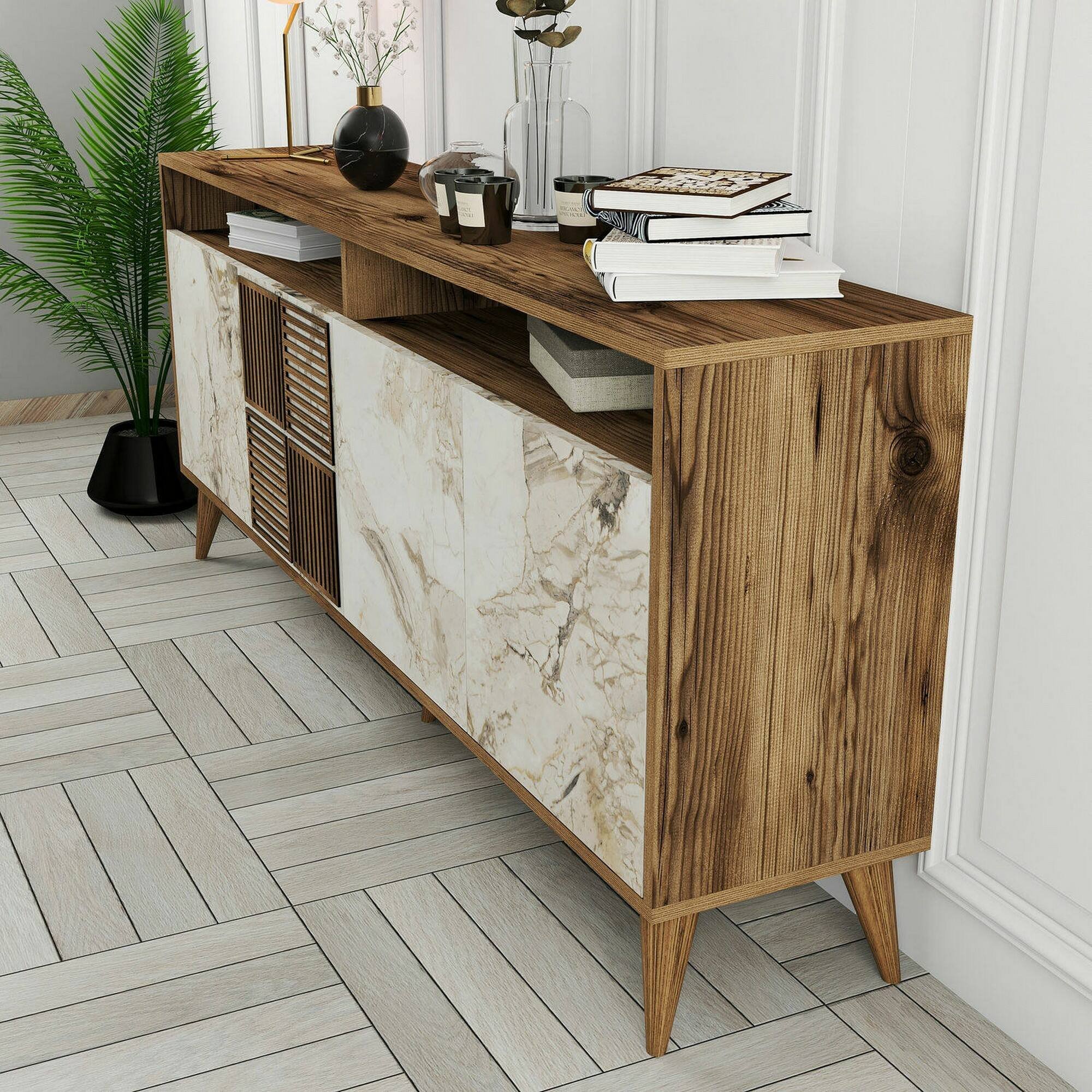 Credenza noce e bianca marmo 180x35x78h cm 4 ante - Jole