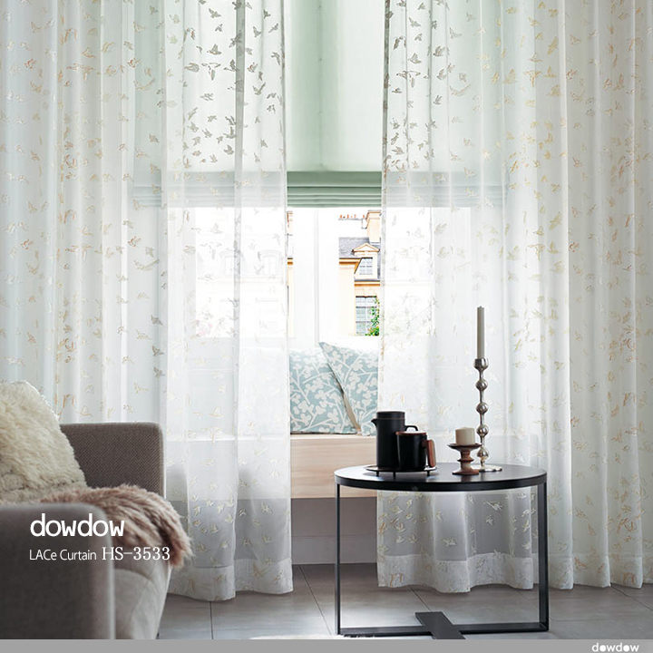 シャビーシック】鳥の群れのオパールプリントのレースカーテン【HS