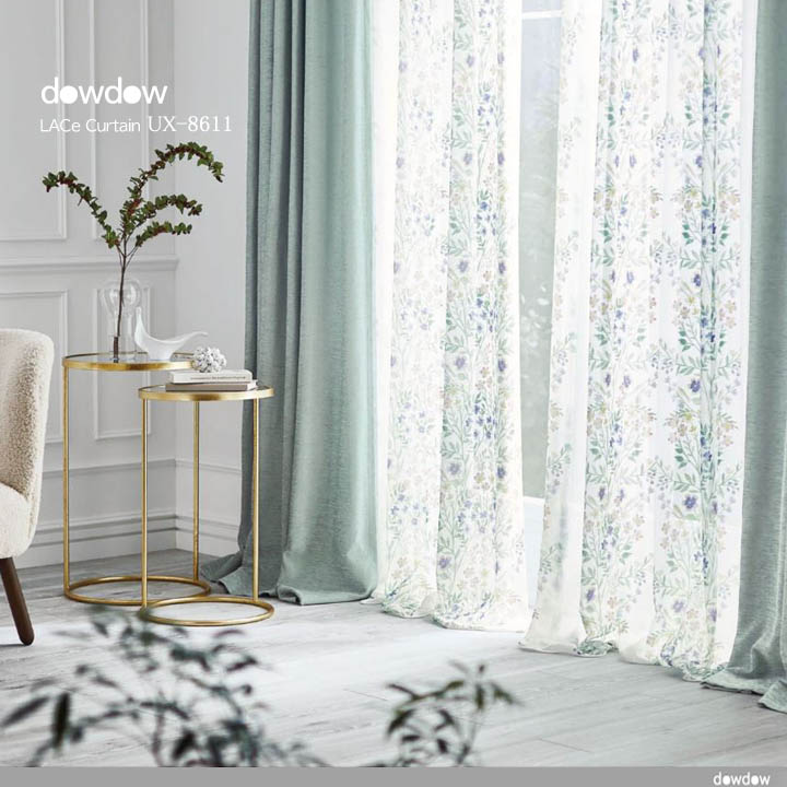 フレンチ カントリー】透水彩画の花柄プリントのレースカーテン【UX