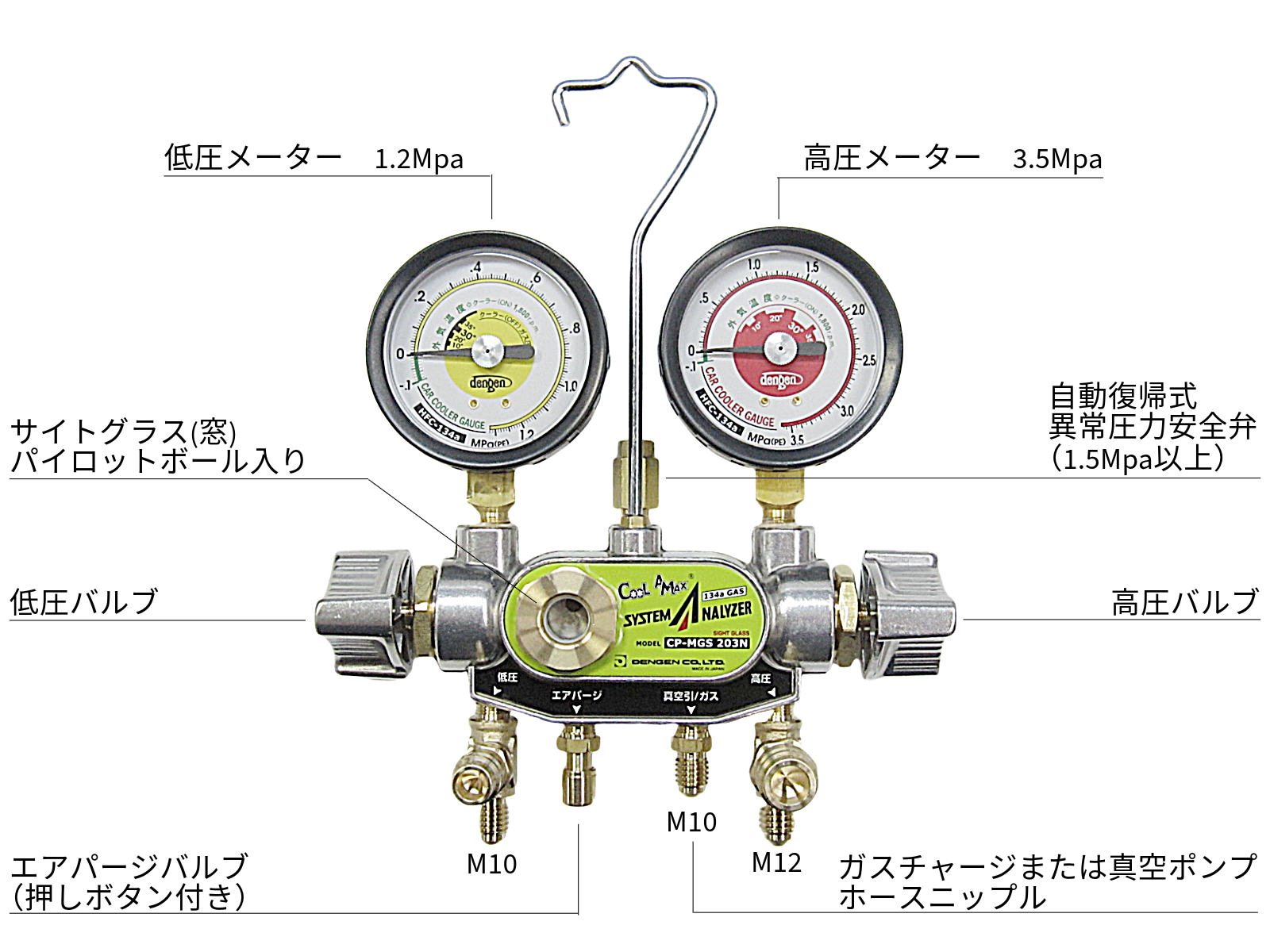 R-134a/PAG専用 2バルブ マニホールドゲージ サイトグラス付