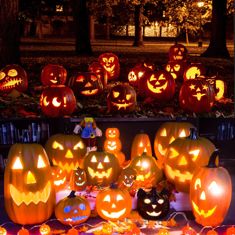 ハロウィン かぼちゃ置物 光る LED ジャックオーランタン 丸型 幅32cm