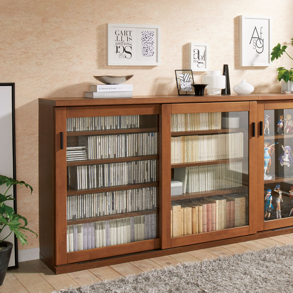 レンタル商品】アルダー天然木ガラス引き戸本棚（書棚） 幅120.5cm