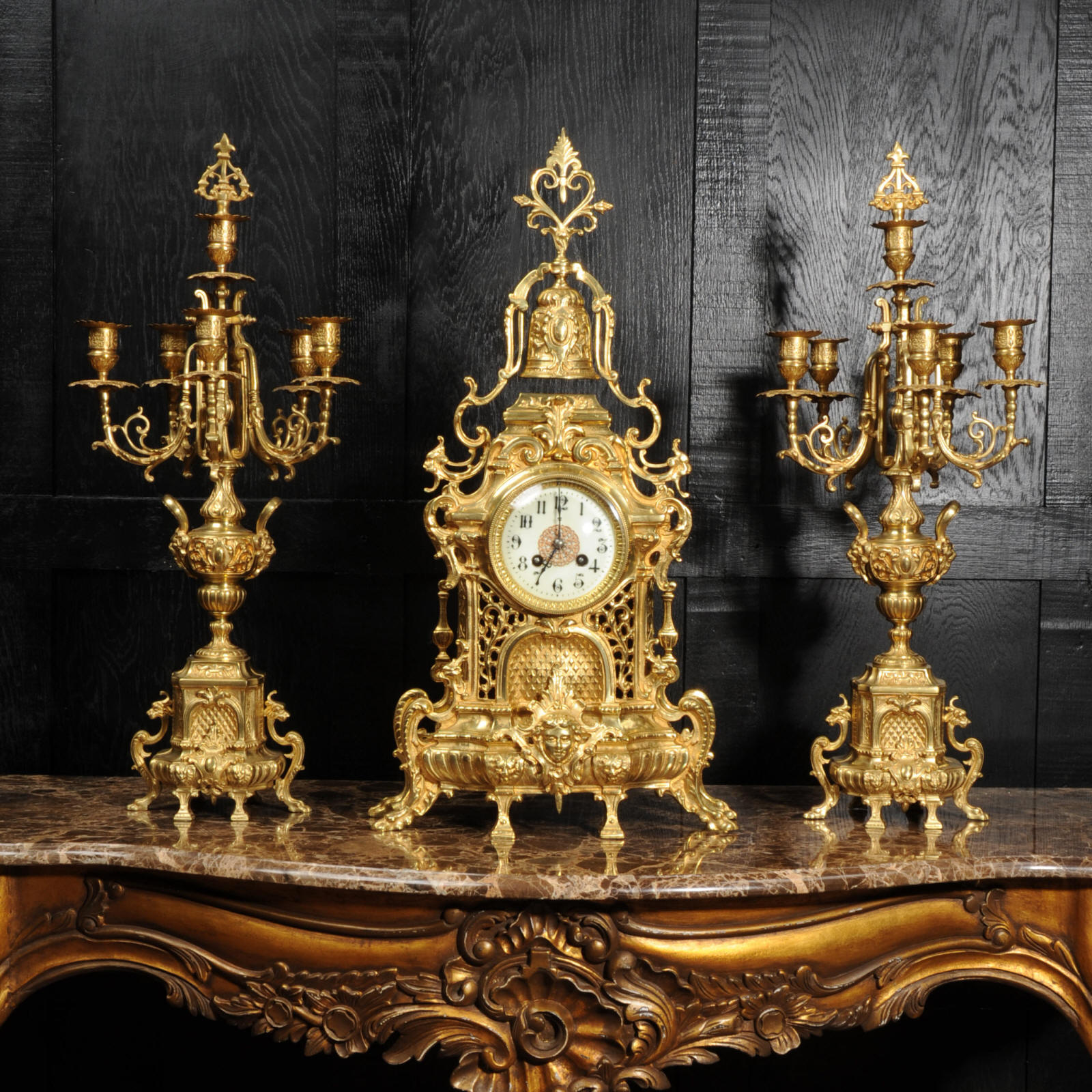 Antique Clock Set by Japy Freres French Baroque Gilt Bronze