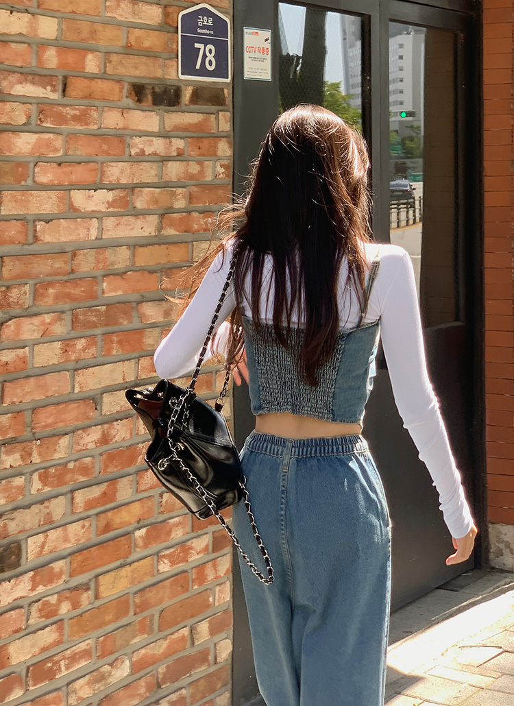 サイドピンタックボタンデニムビスチェ&タックワイドデニムパンツSET