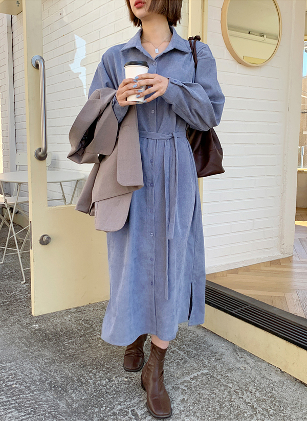 腰ひも付コーデュロイシャツワンピース | レディースファッション通販