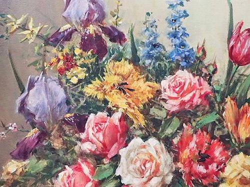 優美 薔薇のある静物画 油絵 - 薔薇と天使のアンティーク