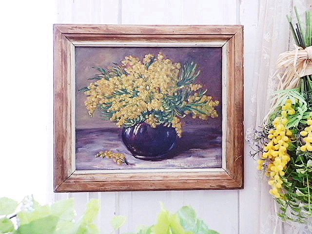 フランス油絵 『ミモザのある風景』 - 薔薇と天使のアンティーク