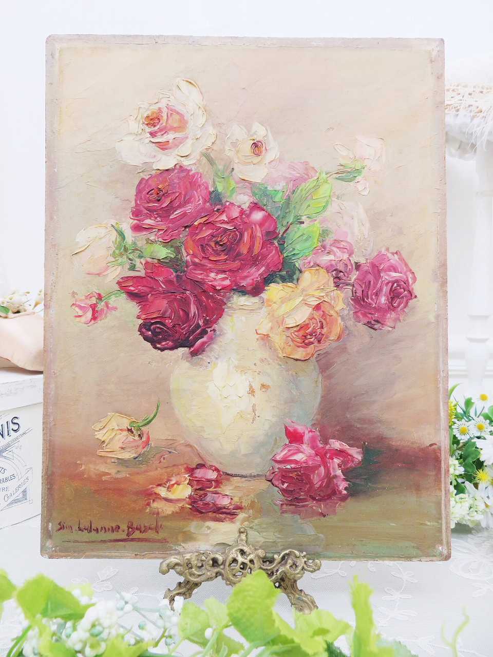 フランス静物画 薔薇の油絵 - 薔薇と天使のアンティーク