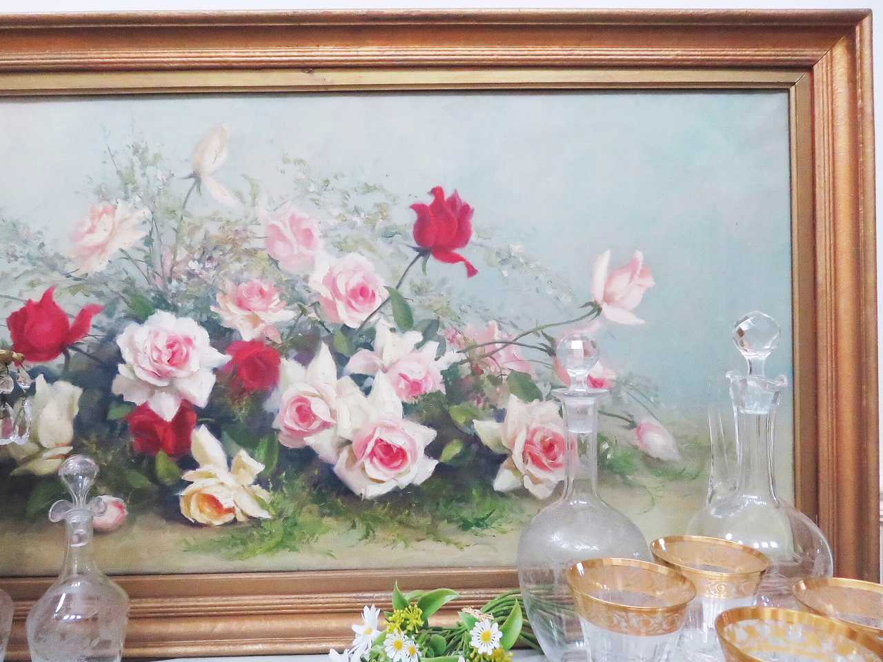 薔薇のある風景 静物画油絵 - 薔薇と天使のアンティーク