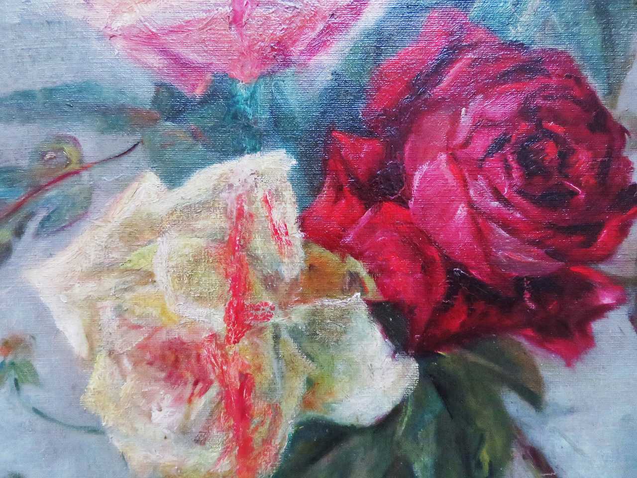 Y.Janloe作油絵『薔薇のある風景』 - 薔薇と天使のアンティーク