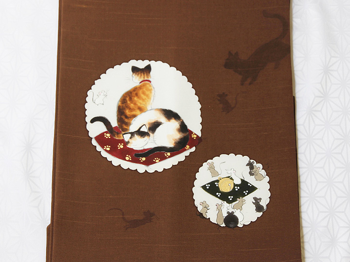 手描き友禅 名古屋帯 猫とネズミ＜焦茶＞｜京都の着物和装小物 ゑり正