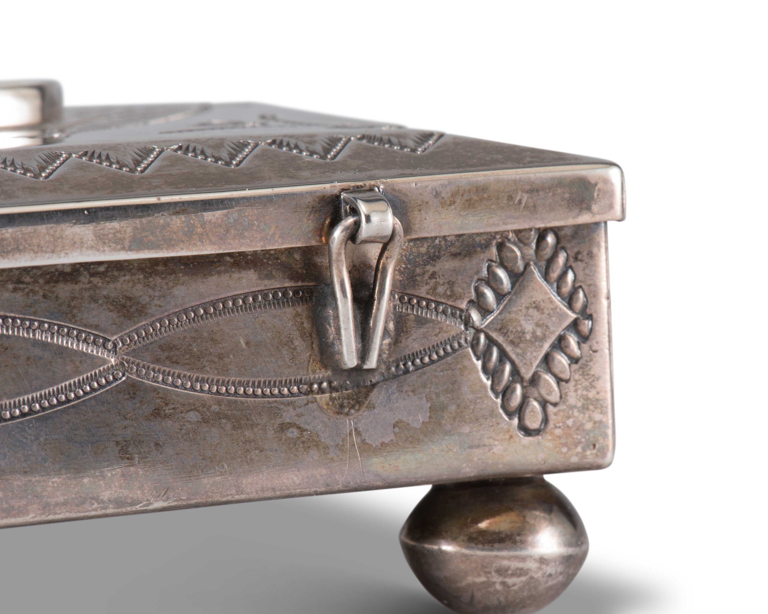 Navajo Silver Box with Zuni Inlaid One Horn Katsina - Four Winds