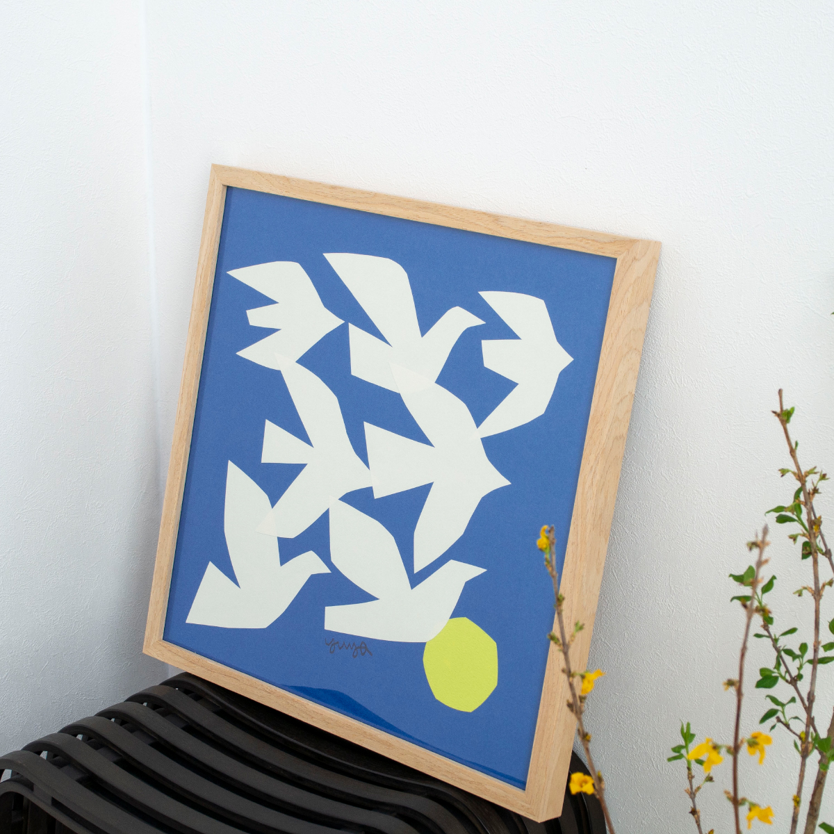 ポスター フレーム付き FLYING BIRDS 42.5×42.5cm 木製 正方形