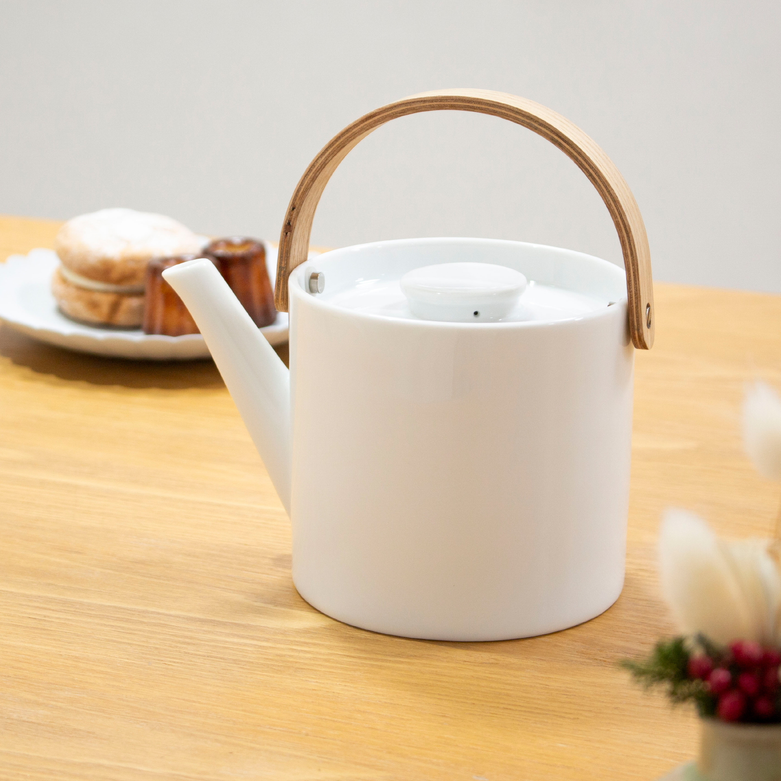 ティーポット＆ダブルウォールカップセット 陶器 白磁 茶こし付き