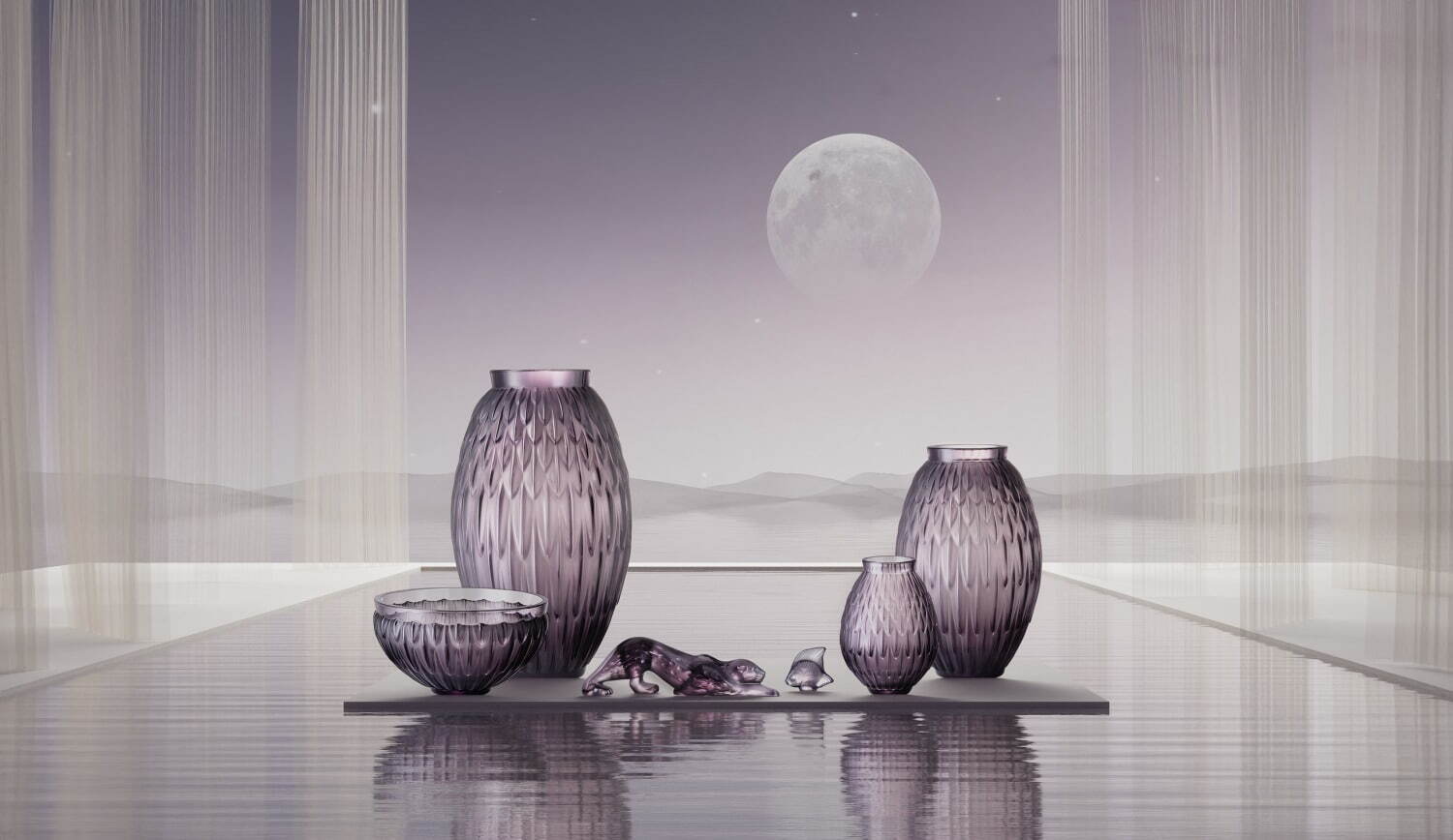 ラリックのクリスタルガラス“夕暮れ着想”のパープルカラー、羽モチーフ