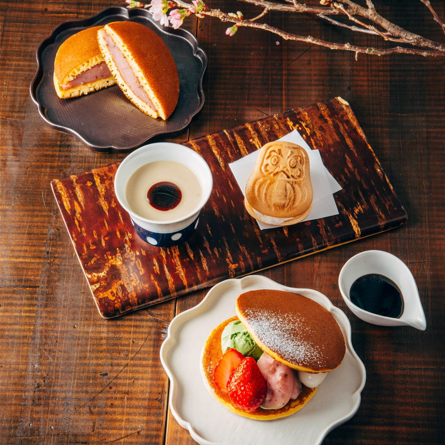 アコメヤ食堂「和風仕立て」桜のどら焼きパンケーキ、桜葉入り桜あん