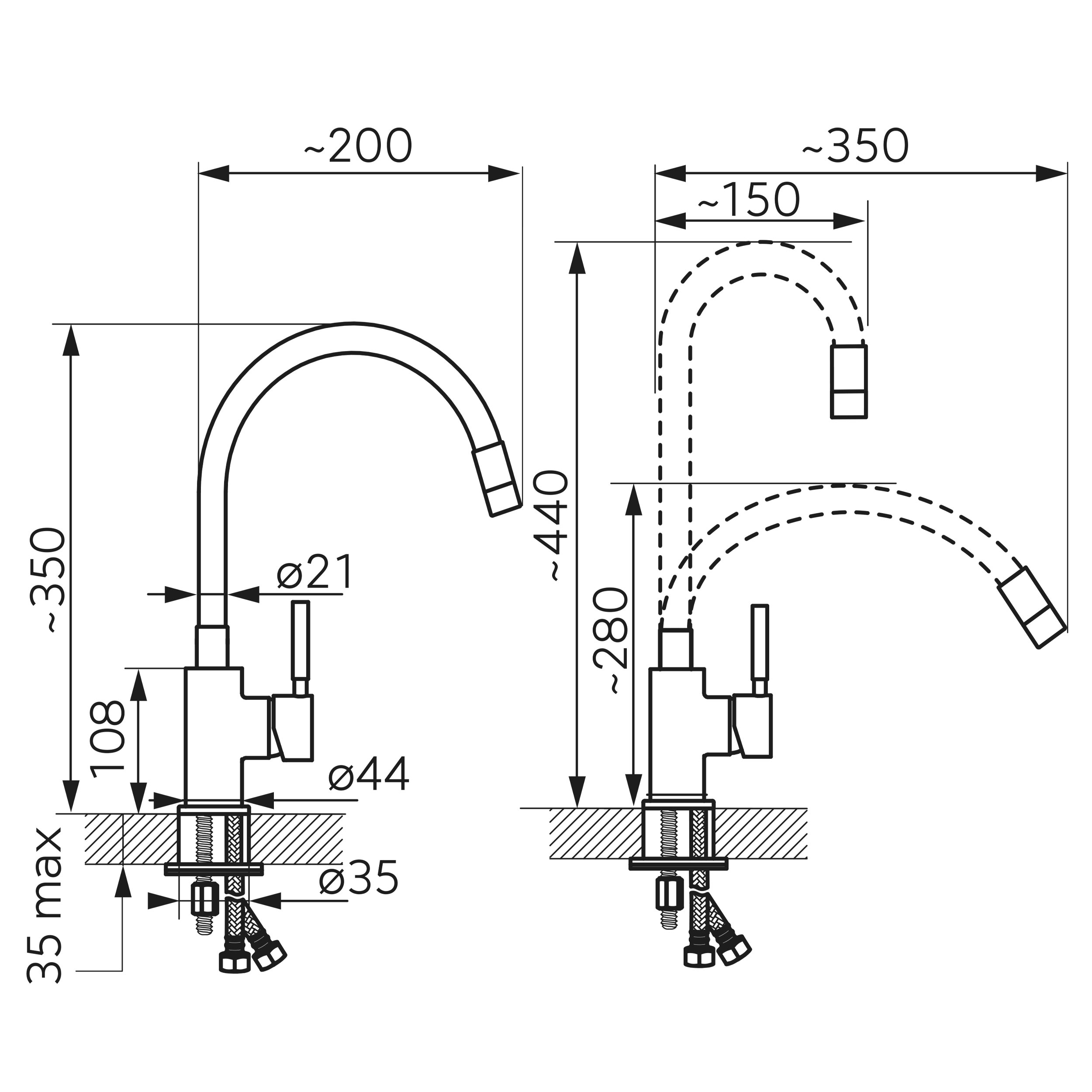 Zumba Inox - standing sink mixer with flexible spout, brushed gold