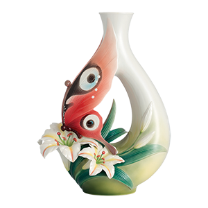 DOUBLE CALLA LILY DESIGN SCULPTURED PORCELAIN ROUND FLOWER VASE