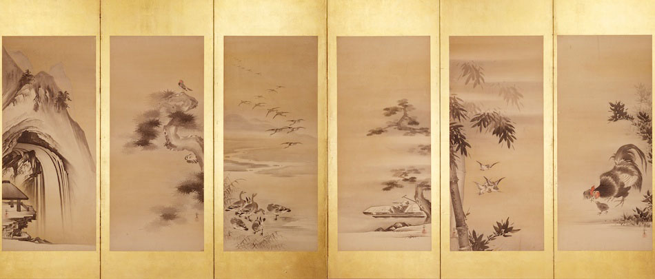 富岳富士川下り図】狩野洞雲益信 1005 江戸狩野古画 掛け軸 肉筆