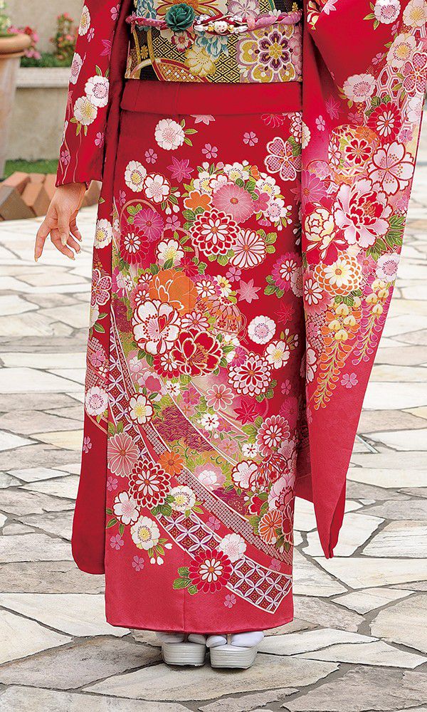 重文 赤地紋綸子 熨斗文友禅染振袖 【公式通販】