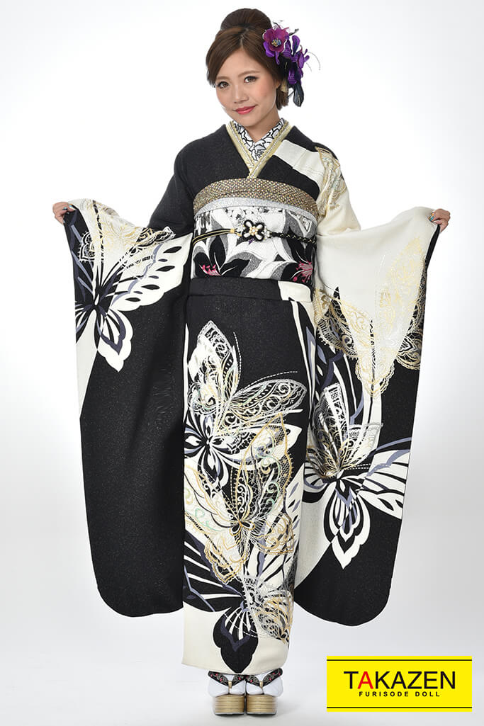 格安モード 黒/白 蝶々柄 被らない クール系振袖ネットレンタル お得な