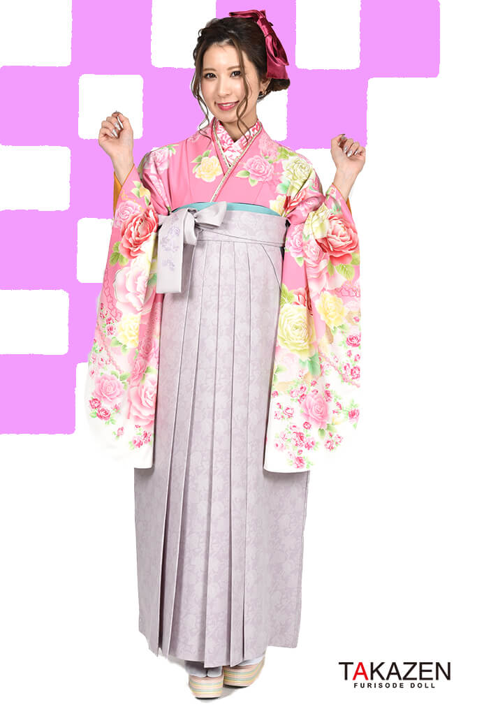 キュートガーリー ピンク/白/赤 バラ柄 ゆるふわ系 袴ネットレンタル