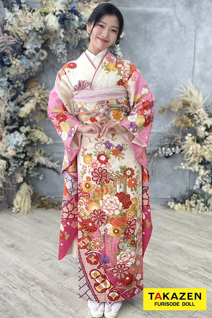 ネットレンタル特別価格！正統派古典 白/ピンク ツバキ柄 華やか