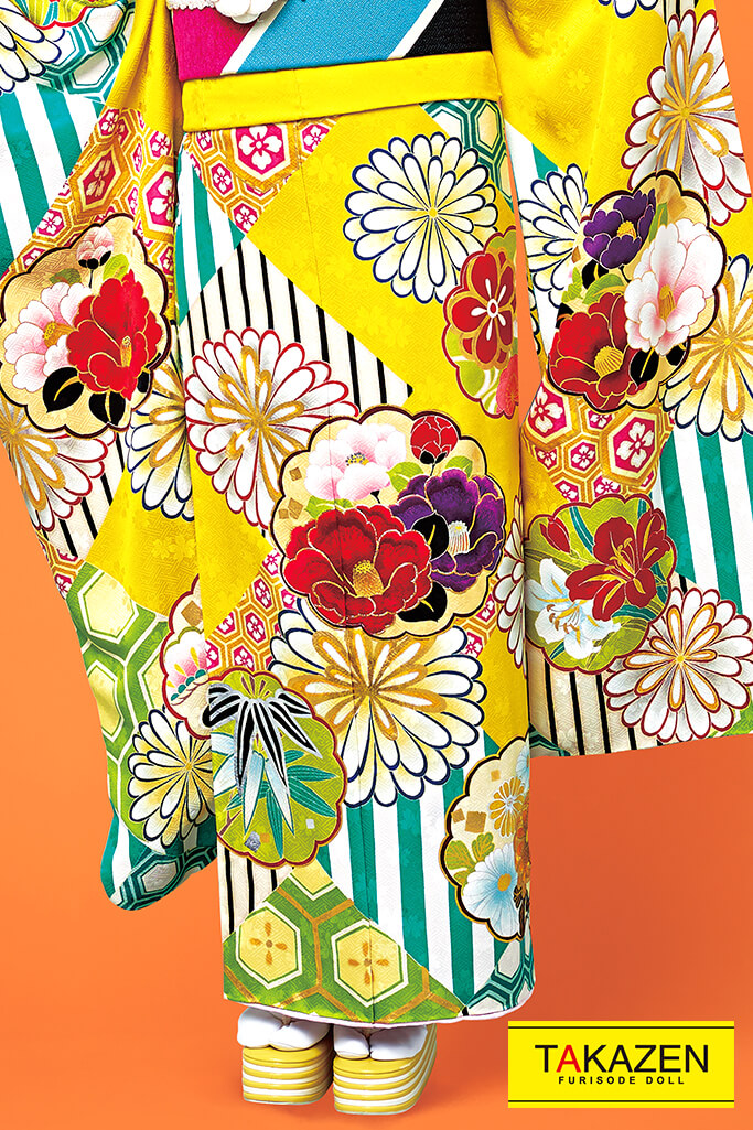 レトロポップ 黄/赤/水色(ブルー) ツバキ柄/菊柄 目立つ 個性的