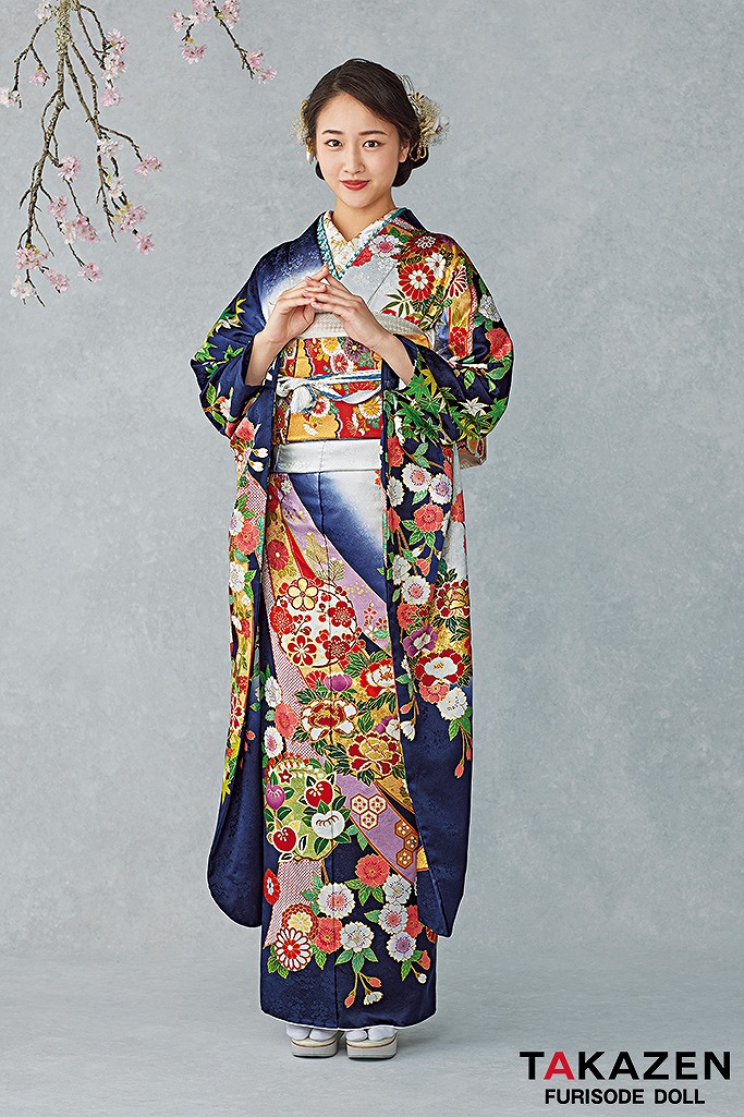 最高級古典柄振袖 吉澤織物/文楽/人間国宝吉田簑助 紺色/ネイビー/白