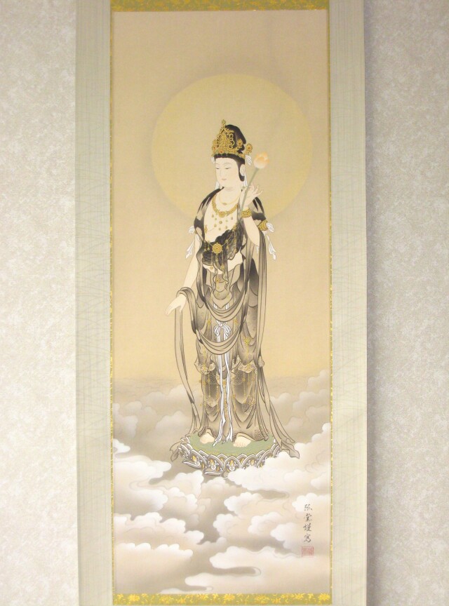 宏斎画肉筆画 紙本掛軸 【 雲上観音図 】 軸先仏具軸 良品