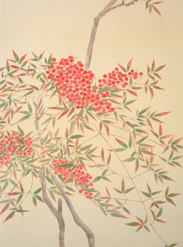 掛け軸 南天に雀◇石原章堂（真作・新品）