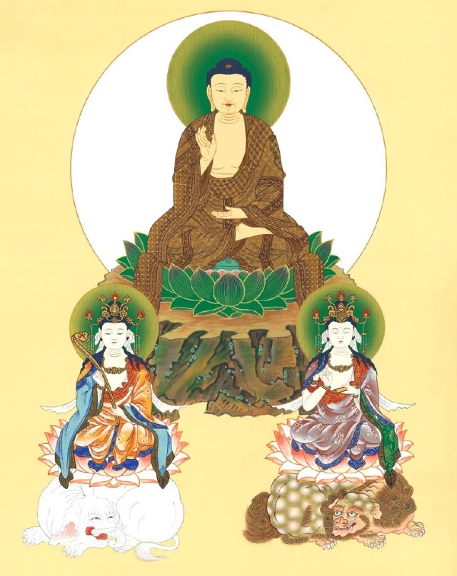 掛け軸 釈迦三尊図 大幅仏画 (複製画・新品) 桐箱・タトウ箱入り