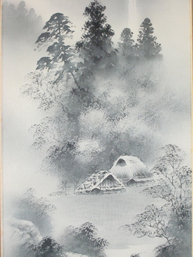 掛け軸 水墨山水◇中野長春（真作・新品）尺巾立