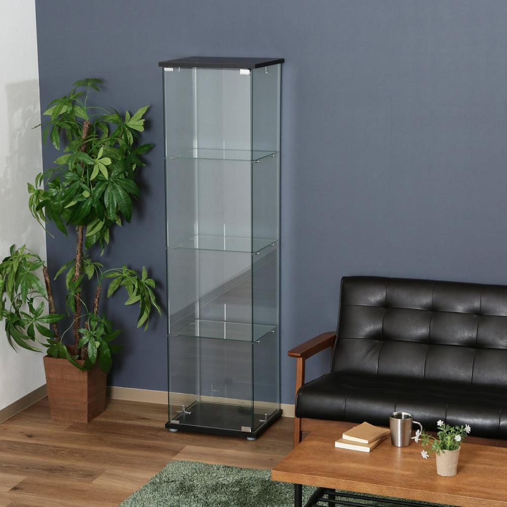 不二貿易 ガラスコレクションケース4段 ブラック 全面ガラス 支柱なし