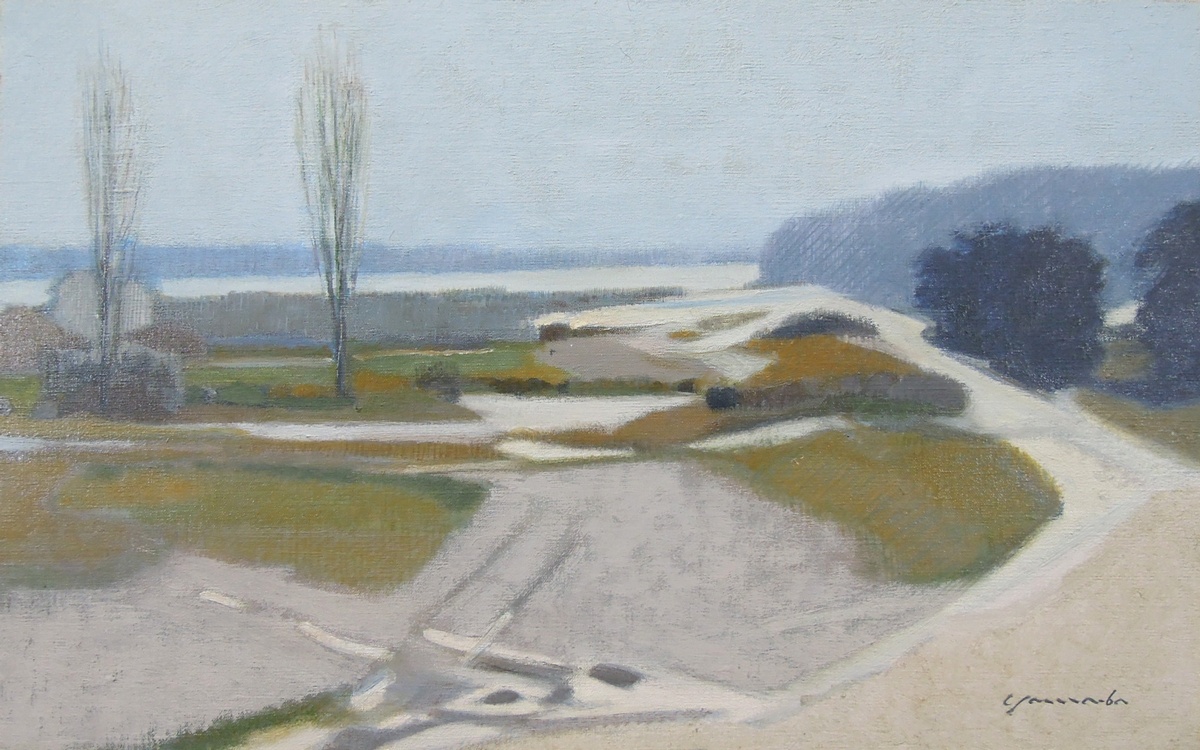 山羽斌士 『河岸の雨』 [古美術こもれび] 骨董,掛軸,絵画の買取と販売