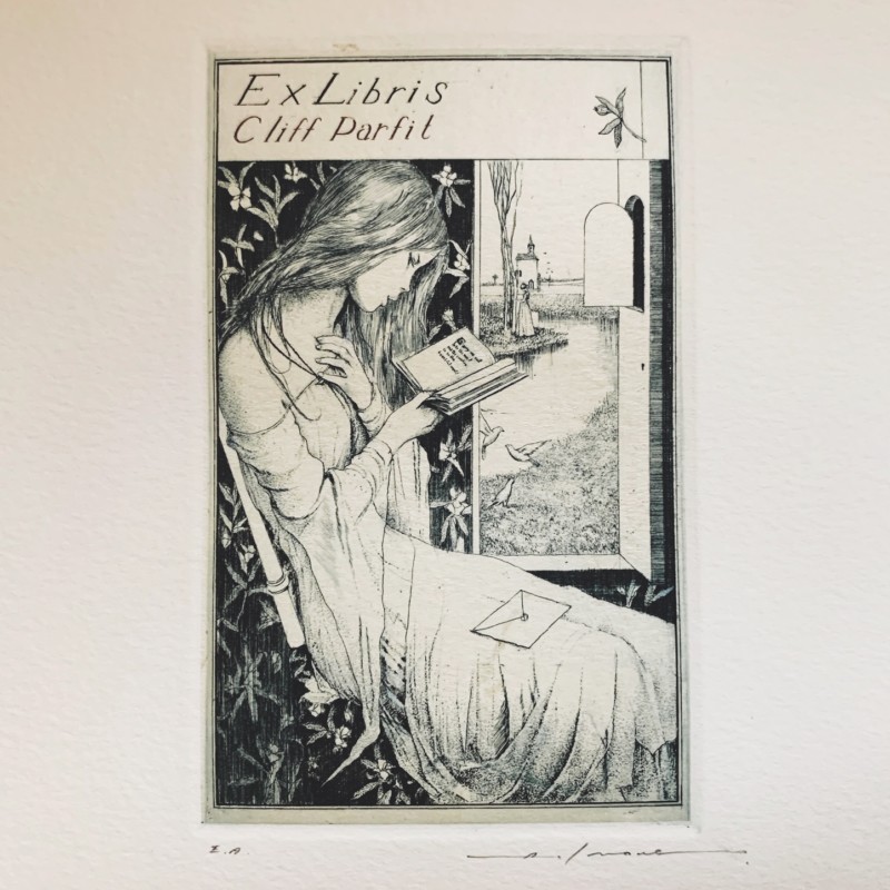 アルフォンス・イノウエ 銅版画蔵書票「窓辺の少女Ⅱ」入荷いたしまし